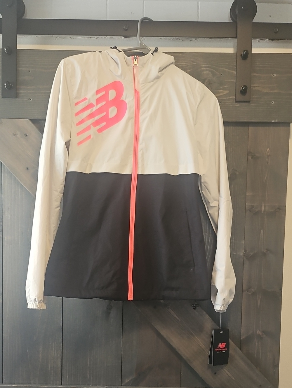 New Balance Light Gray and Black Colorblock Hooded Jacket with Pink Accents